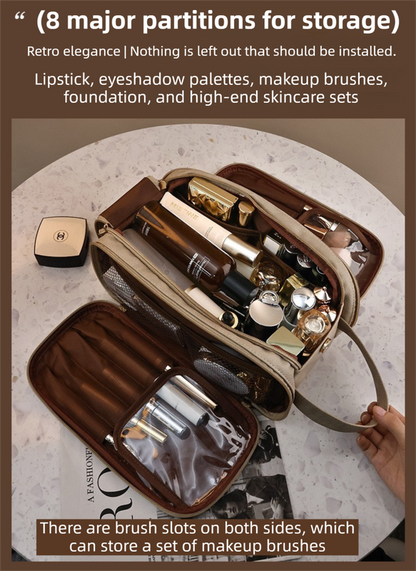 Khaki Premium TPU Leather Dual-Zipper Cosmetic Bag with 3 Dry & Wet Separation Zone - Large Capacity Travel Toiletries Organizer - Image 3