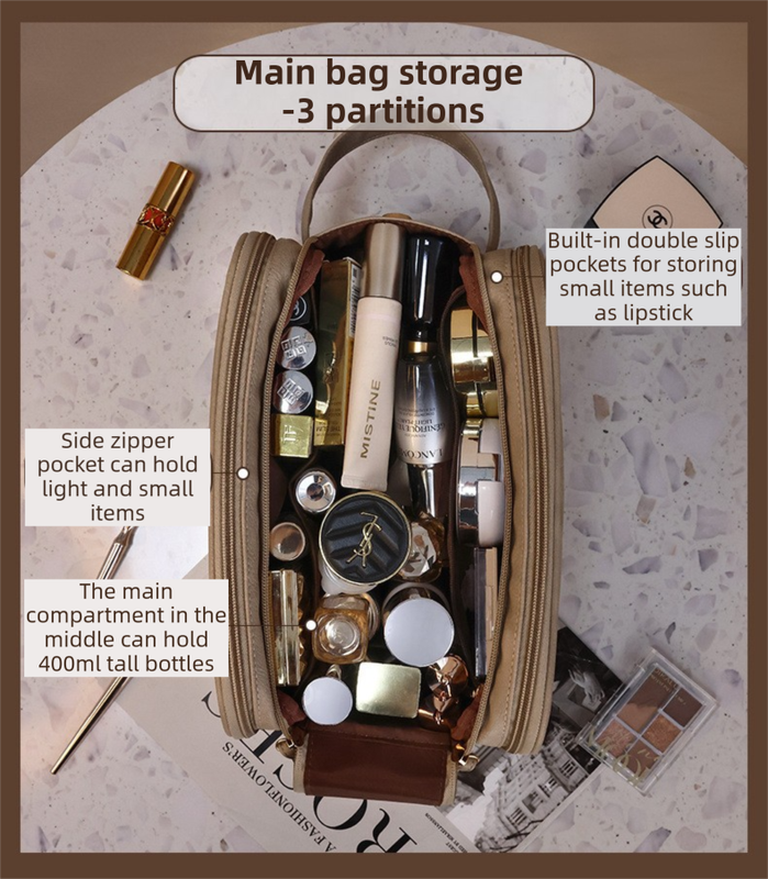 Khaki Premium TPU Leather Dual-Zipper Cosmetic Bag with 3 Dry & Wet Separation Zone - Large Capacity Travel Toiletries Organizer - Image 5