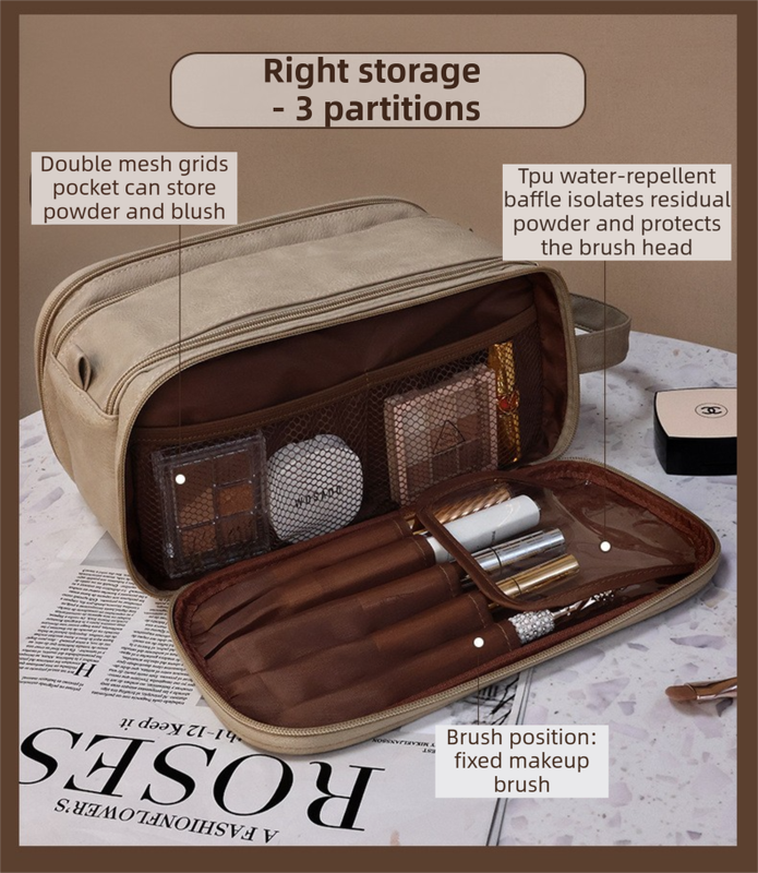 Khaki Premium TPU Leather Dual-Zipper Cosmetic Bag with 3 Dry & Wet Separation Zone - Large Capacity Travel Toiletries Organizer - Image 6
