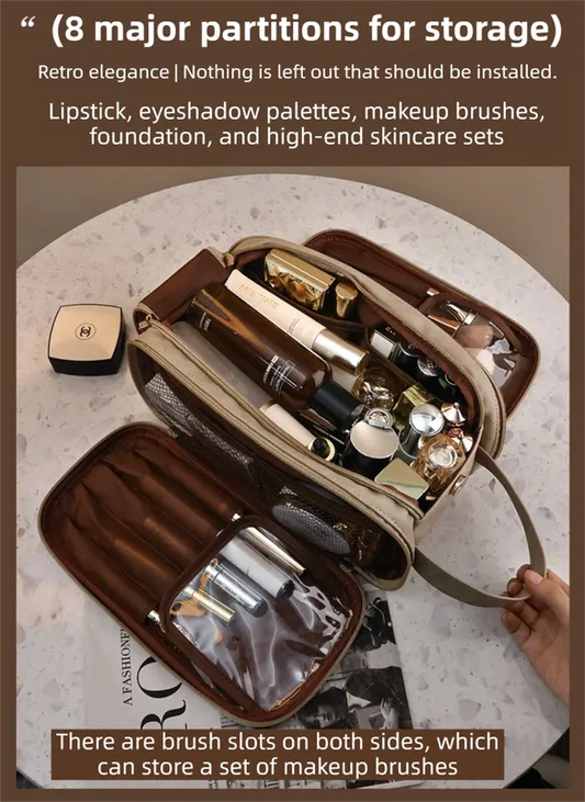 Black Premium TPU Leather Dual-Zipper Cosmetic Bag with 3 Dry & Wet Separation Zone - Large Capacity Travel Toiletries Organizer - Image 3