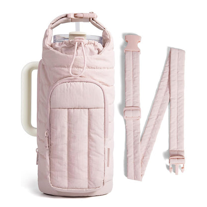 Pink Nylon Quilted Insulated Water Bottle Bag for 18-64oz Flask - Lightweight Sports & Travel Puffer Shockproof Protective Pouch