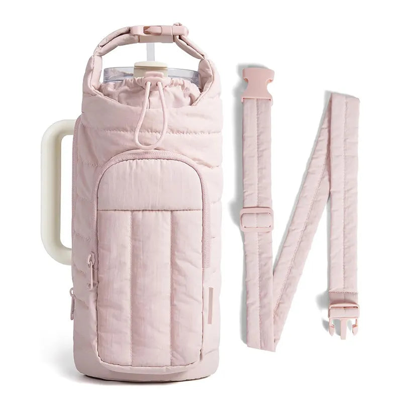 Pink Nylon Quilted Insulated Water Bottle Bag for 18-64oz Flask - Lightweight Sports & Travel Puffer Shockproof Protective Pouch