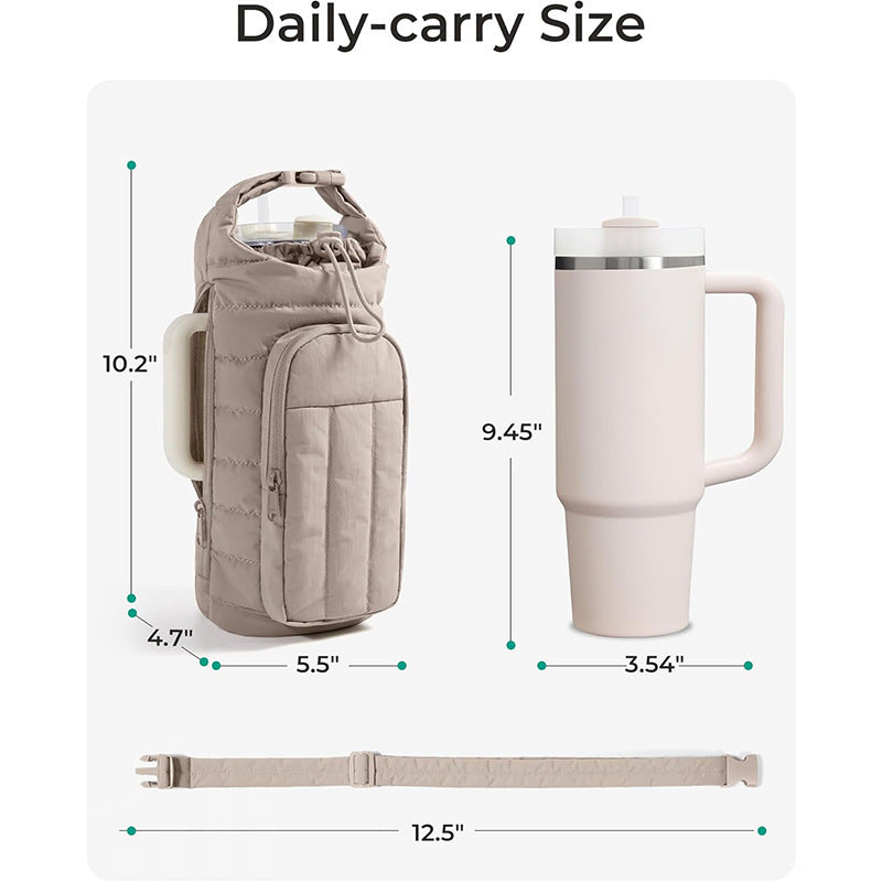 Khaki Nylon Quilted Insulated Water Bottle Bag for 18-64oz Flask - Lightweight Sports & Travel Puffer Shockproof Protective Pouch - Image 5