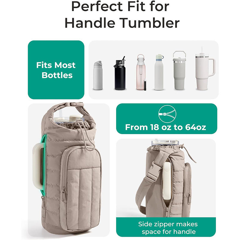 Coral Nylon Quilted Insulated Water Bottle Bag for 18-64oz Flask - Lightweight Sports & Travel Puffer Shockproof Protective Pouch - Image 3