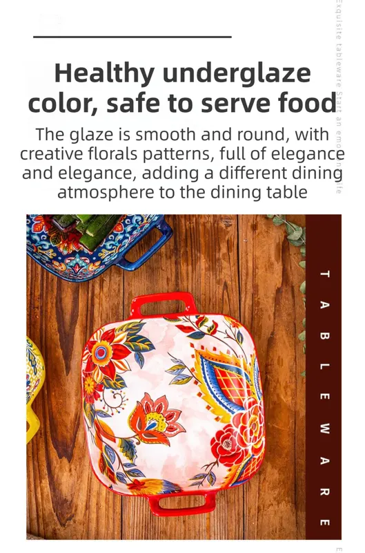 9-Inch Underglaze Ceramic Square Serving Plate with Dual Handles (Mirror Sunlight Style) - Microwave and Oven Safe Pasta & Fruit Tray - Image 2