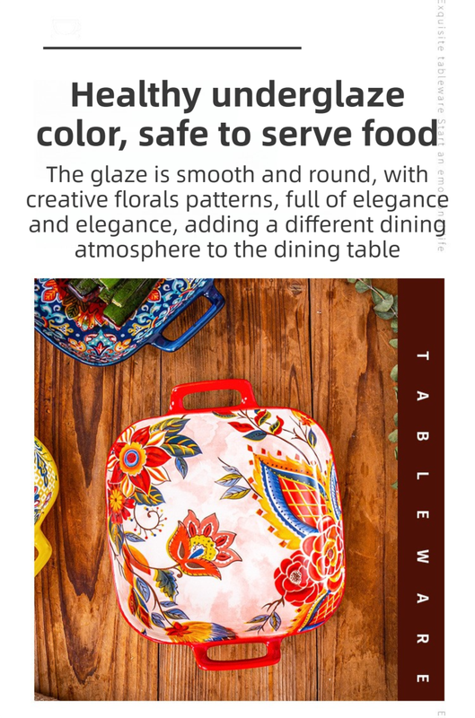 9-Inch Underglaze Ceramic Square Serving Plate with Dual Handles (Isdir Style) - Microwave and Oven Safe Pasta & Fruit Tray - Image 2