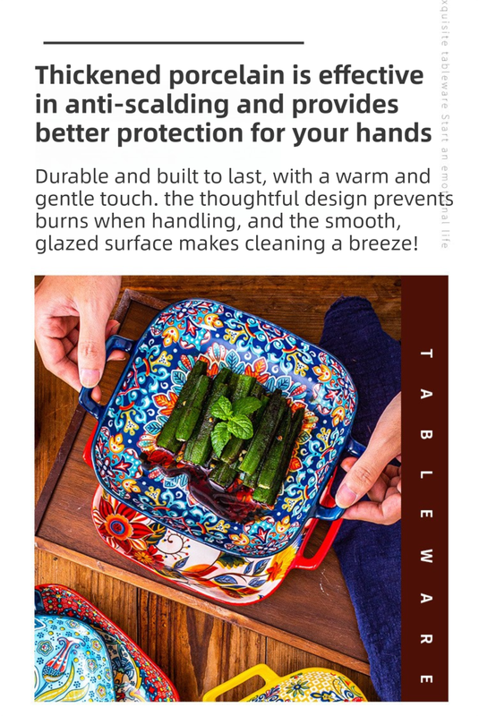 9-Inch Underglaze Ceramic Square Serving Plate with Dual Handles (Isdir Style) - Microwave and Oven Safe Pasta & Fruit Tray - Image 3