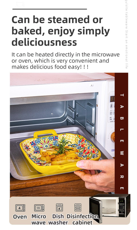 9-Inch Underglaze Ceramic Square Serving Plate with Dual Handles (Isdir Style) - Microwave and Oven Safe Pasta & Fruit Tray - Image 4