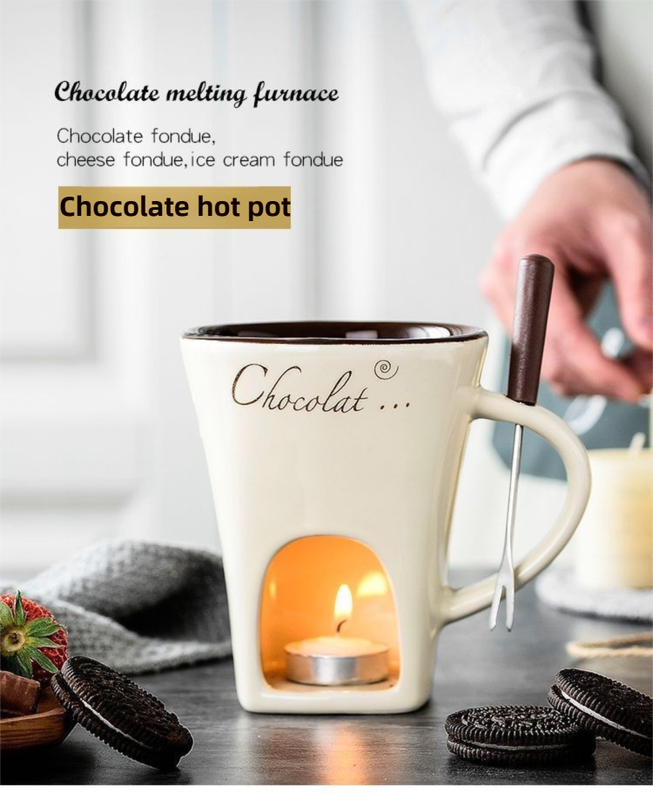 White European Style Ceramic Chocolate & Cheese Melter Set - 200ml Mini Melting Mug & Fork - Image 2