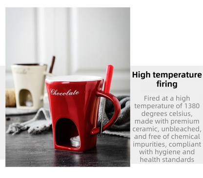 Coffee European Style Ceramic Chocolate & Cheese Melter Set - 200ml Mini Melting Mug & Fork - Image 3
