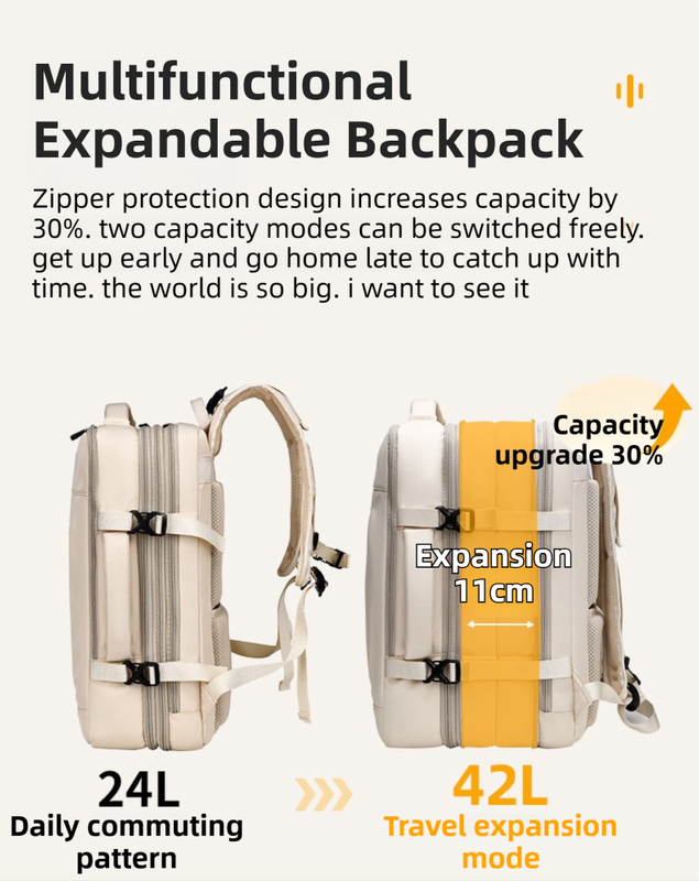 Black Expandable Travel Laptop Backpack with USB Charging Port - Waterproof Nylon Business Bag with 11cm Depth Extension (45x32cm) - Image 4