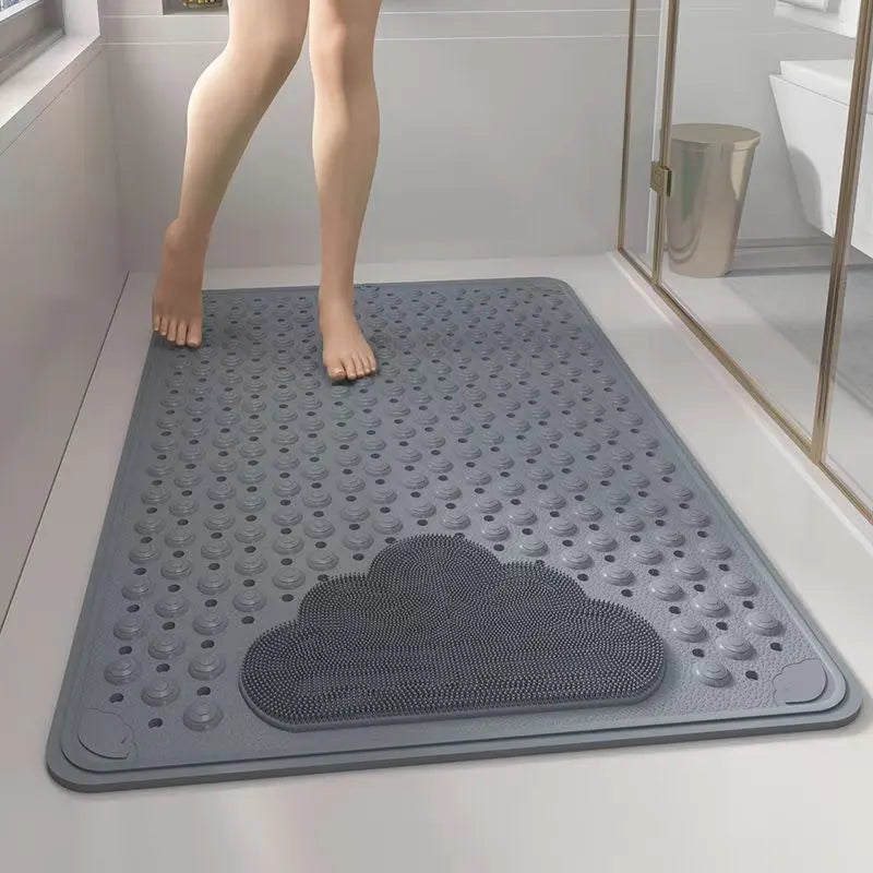 Grey Eco-Friendly Bath Mat with Massage Points - Anti-Slip Suction Cup Safety Bathroom Rug (S Size 68.5X34x2 CM)