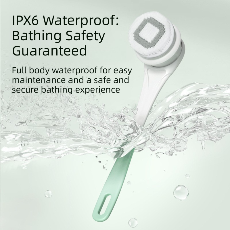 Green Electric 360°Rotating Shower Brush with Long Handle for Back Scrubbing(43CM) - IPX7 Waterproof & Premium Silicone & PA Bristles - Image 3