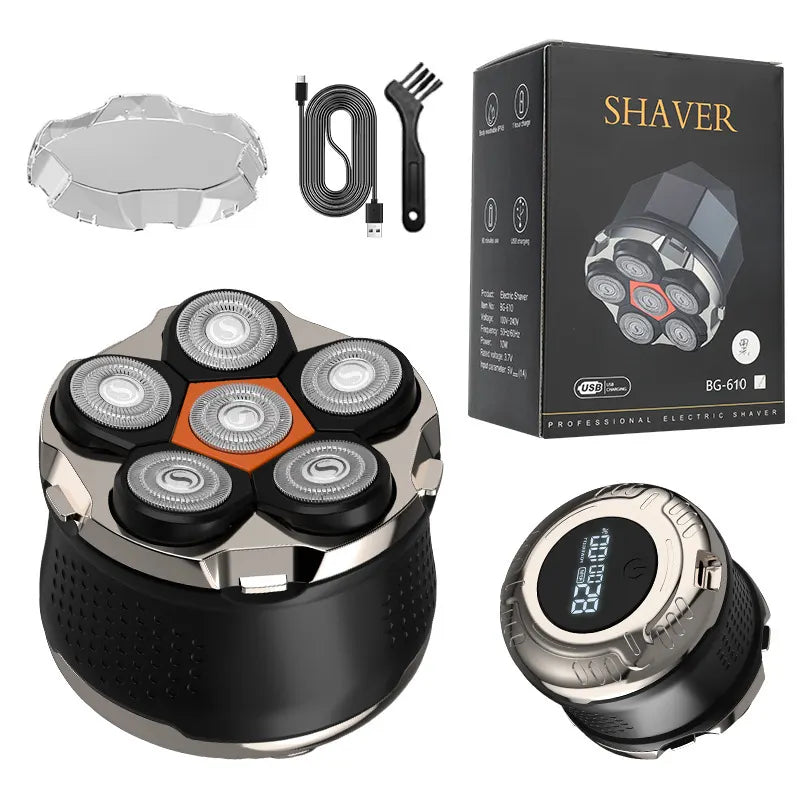 Black Men's 6D Magnetic Rotary Head Shaver for Wet/Dry Use - Professional Electric Bald Head Shaver & Beard Trimmer (Model 610)