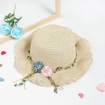 Beige Girls Summer Princess Straw Straw Hat and Matching Purse Set - Breathable Floral Wide Brim Sun Protection Sun Hat - Image 2