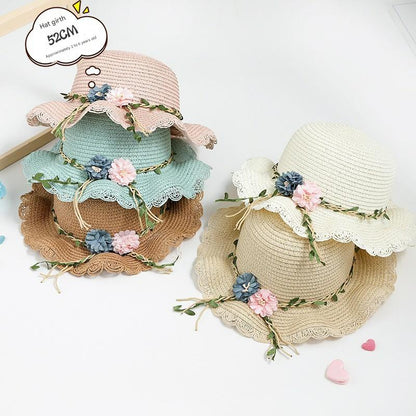 White Girls Summer Princess Straw Straw Hat and Matching Purse Set - Breathable Floral Wide Brim Sun Protection Sun Hat - Image 3
