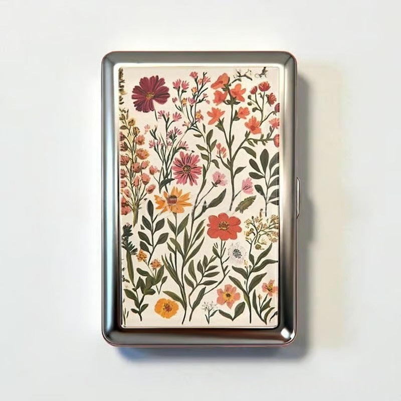 Retro Metal Card Cash & Cigarette Case with Fixed Clip - Flower Artistic Slim Wallet (10.3X6X2cm)