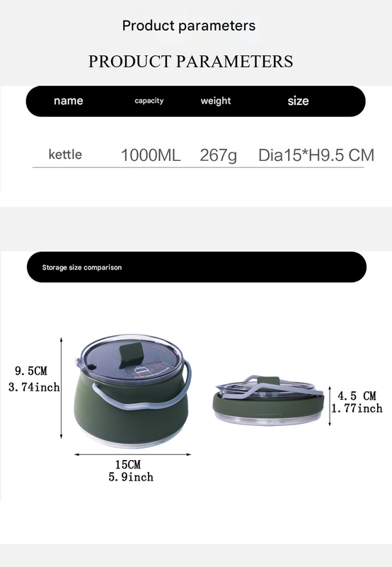 Khaki 1L Portable Collapsible Camping Kettle - Food-Grade Silicone Body with 304 Stainless Steel Base, Compatible with Induction & Gas Stoves - Image 4