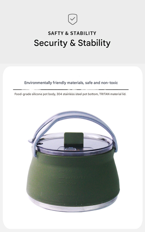 Dark Green 1L Portable Collapsible Camping Kettle - Food-Grade Silicone Body with 304 Stainless Steel Base, Compatible with Induction & Gas Stoves - Image 5