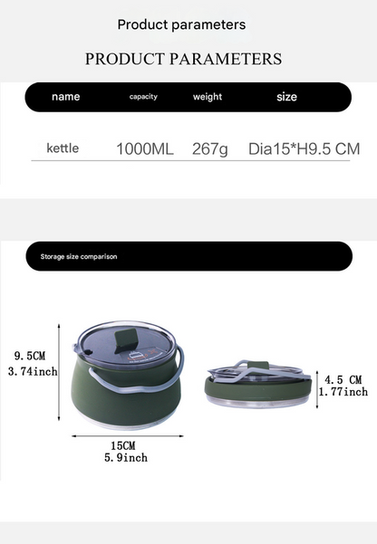 Black 1L Portable Collapsible Camping Kettle - Food-Grade Silicone Body with 304 Stainless Steel Base, Compatible with Induction & Gas Stoves - Image 4