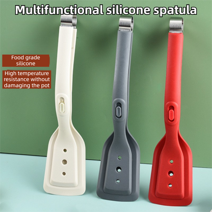 2-in-1 Grey Silicone Spatula Tongs with Locking Clip & Oil Drainage - Non-Stick Heat Resistant Food Flipper & Kitchen Clamp - Image 2