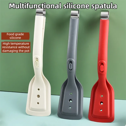 2-in-1 Grey Silicone Spatula Tongs with Locking Clip & Oil Drainage - Non-Stick Heat Resistant Food Flipper & Kitchen Clamp - Image 2