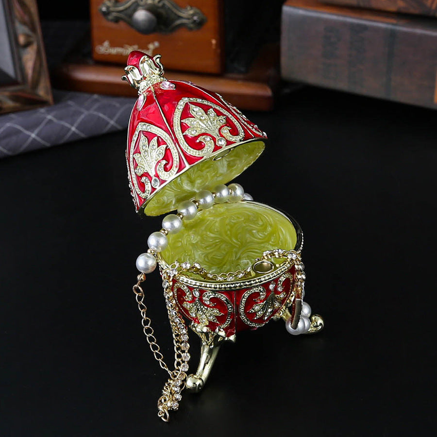 Red Vintage European Rhinestone Inlaid Embossed Enameled Jewelry Box - Hand-Painted Easter Egg Metal Craft - Image 2
