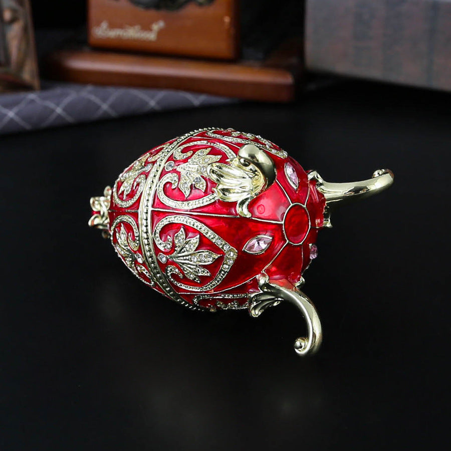 Red Vintage European Rhinestone Inlaid Embossed Enameled Jewelry Box - Hand-Painted Easter Egg Metal Craft - Image 4