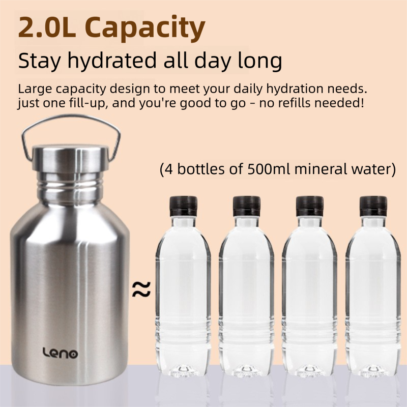 2L Large Capacity Outdoor Sports Adventure Water Bottle - Food-Grade 304 Stainless Steel with Portable Handle & 4.5cm Narrow Mouth - Image 2