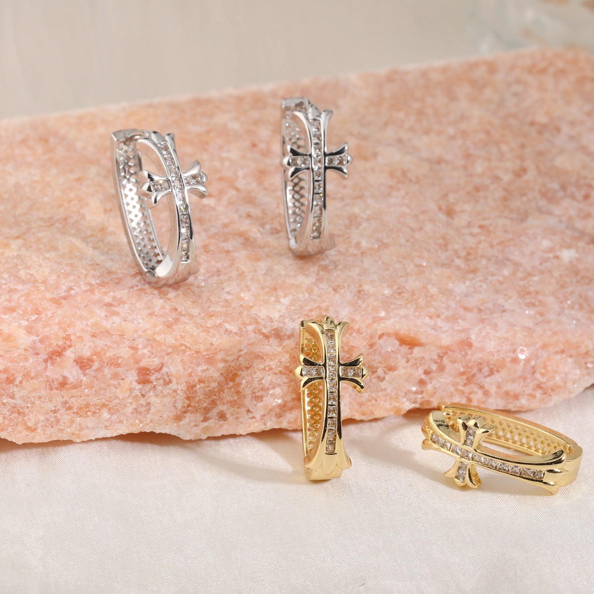 1-Pair Gold Sparkling Iced Out Rhinestone Cross Hoop Earrings - Punk Elegance Ear Buckle for Women - Image 2