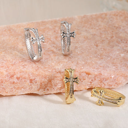 2-Pair Gold Sparkling Iced Out Rhinestone Cross Hoop Earrings - Punk Elegance Ear Buckle for Women - Image 2