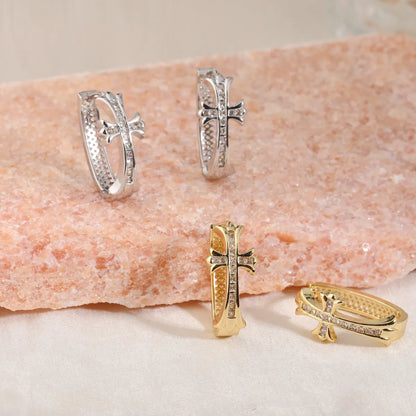 2-Pair Sliver Sparkling Iced Out Rhinestone Cross Hoop Earrings - Punk Elegance Ear Buckle for Women - Image 2