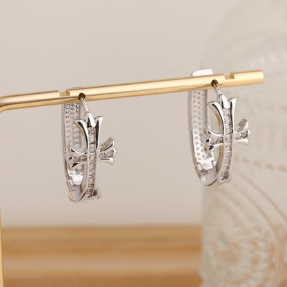 2-Pair Gold & Sliver Sparkling Iced Out Rhinestone Cross Hoop Earrings - Punk Elegance Ear Buckle for Women - Image 2