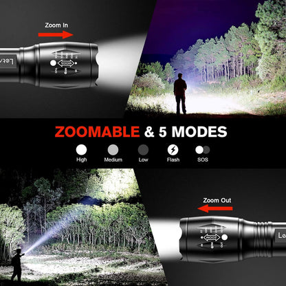 2-Pack High-Powered LED Flashlight with 500m Long Range - Zoomable Focus & Waterproof Tactical Torch - Durable Aluminum Alloy - Image 2