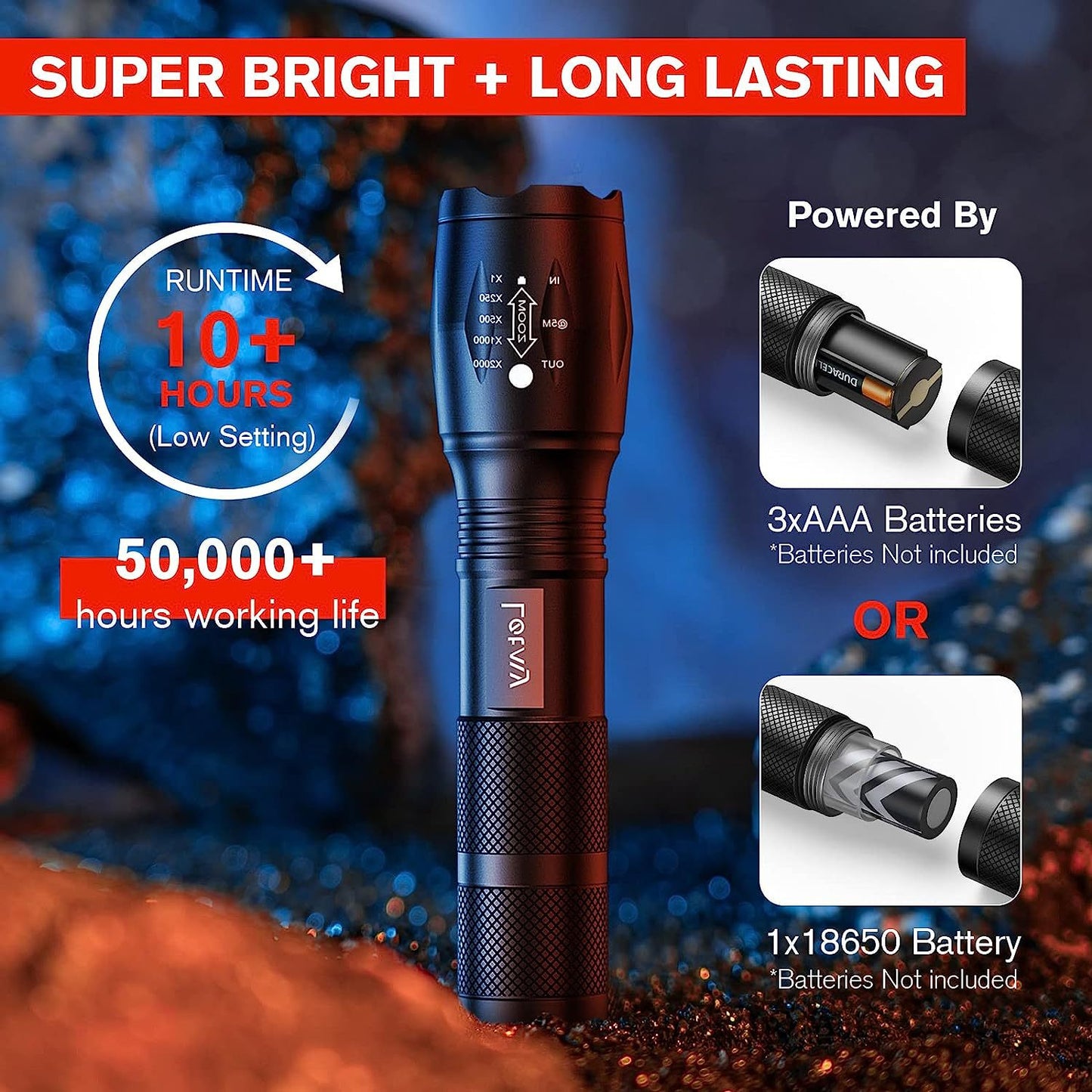 2-Pack High-Powered LED Flashlight with 500m Long Range - Zoomable Focus & Waterproof Tactical Torch - Durable Aluminum Alloy - Image 4