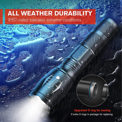 2-Pack High-Powered LED Flashlight with 500m Long Range - Zoomable Focus & Waterproof Tactical Torch - Durable Aluminum Alloy - Image 6