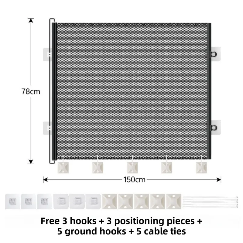 78X150CM Black Retractable Mesh Safety Gate for Pets & Babies - Scratch-Resistant Indoor/Outdoor Security Barrier, No-Drill Installation