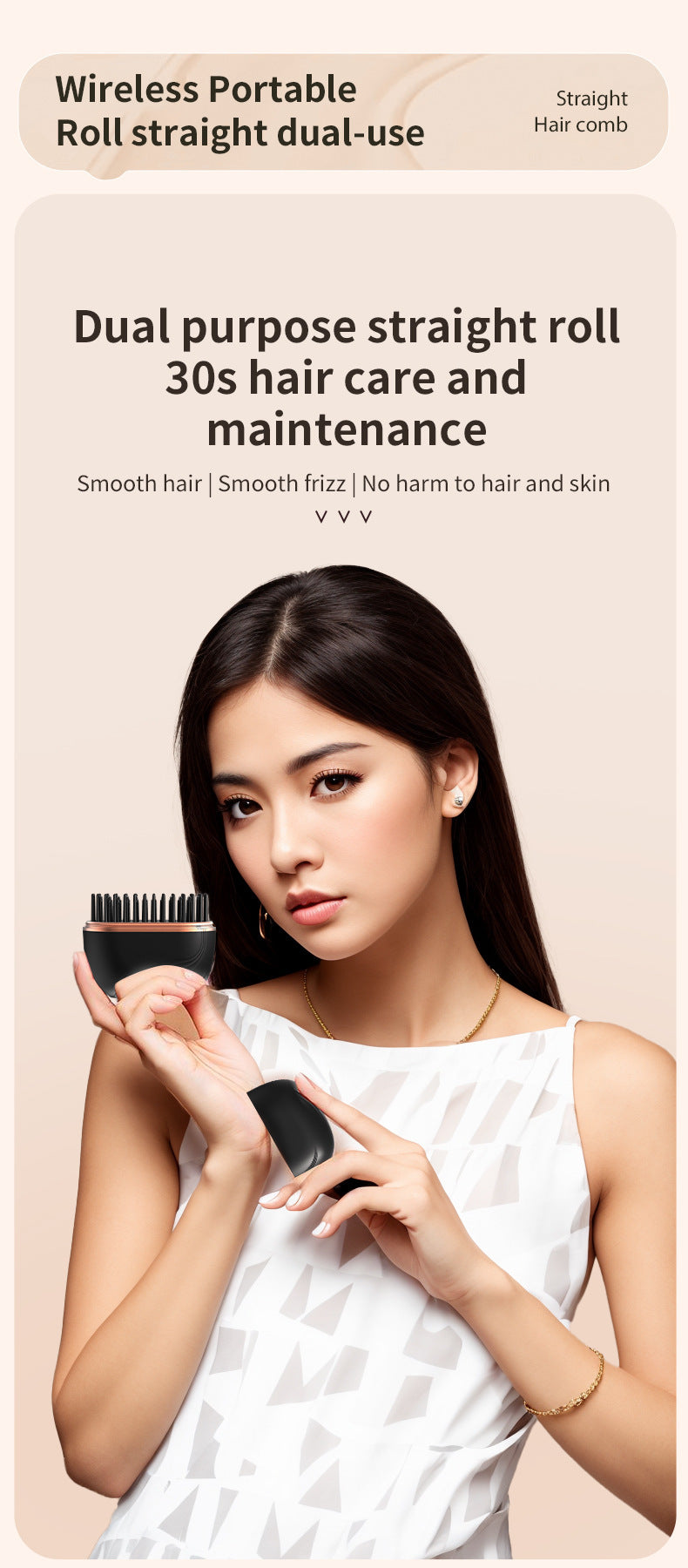 Black Cordless Portable Hair Straightening & Curling Brush - Plant Protein Coating for Hair Protection, 30s Fast Heating & Dual Anti-Scald - Image 2