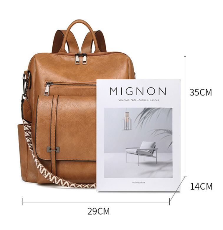 Brown Retro Soft PU Leather Backpack for Women - Water-Resistant Large Capacity Travel Rucksack with Dual Detachable Straps - Image 6