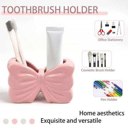 Pink Chic Bowknot 2-Slot Toothbrush Holder - Resin Retro Cute Desktop Decorative Stand - Image 2