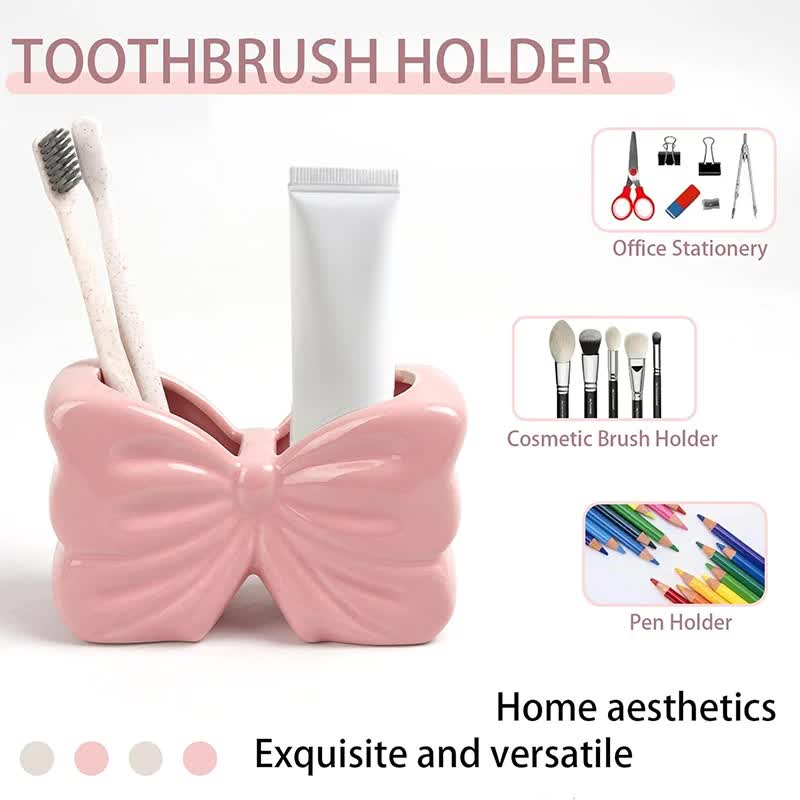 2-Pack Pink & White Chic Bowknot 2-Slot Toothbrush Holder - Resin Retro Cute Desktop Decorative Stand - Image 2