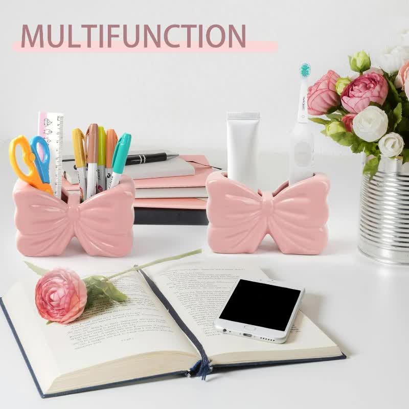 2-Pack Pink & White Chic Bowknot 2-Slot Toothbrush Holder - Resin Retro Cute Desktop Decorative Stand - Image 3