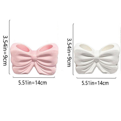 2-Pack Pink & White Chic Bowknot 2-Slot Toothbrush Holder - Resin Retro Cute Desktop Decorative Stand - Image 5