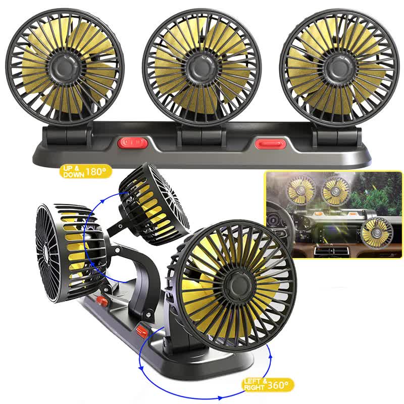 3-in-1 Powerful Car Triple Head Fan (12V Lighter Power) - Quiet Cooling Fan Integrated Aromatherapy & Number Plate, with 360° Rotation & 130cm Long Cord - Image 3