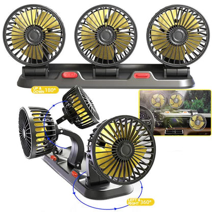 3-in-1 Powerful Car Triple Head Fan (12V Lighter Power) - Quiet Cooling Fan Integrated Aromatherapy & Number Plate, with 360° Rotation & 130cm Long Cord - Image 3