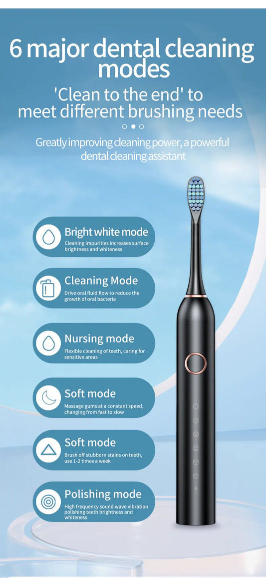 Black Smart Sonic Electric Toothbrush Kit with 4 Heads & Travel Case - 6 X Cleaning Modes and High-Frequency Vibration with Soft Protective Bristles - Image 3