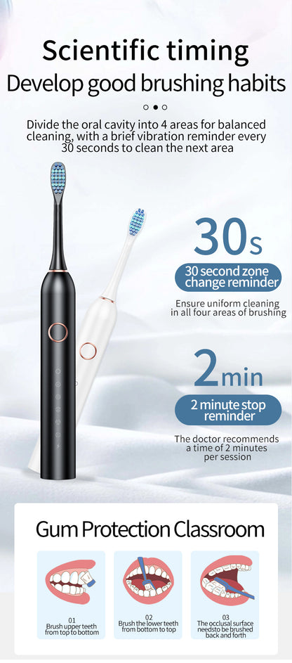 White Smart Sonic Electric Toothbrush Kit with 4 Heads & Travel Case - 6 X Cleaning Modes and High-Frequency Vibration with Soft Protective Bristles - Image 4