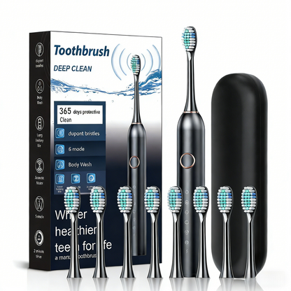 Black Smart Sonic Electric Toothbrush Kit with 8 Heads & Travel Case - 6 X Cleaning Modes and High-Frequency Vibration with Soft Protective Bristles