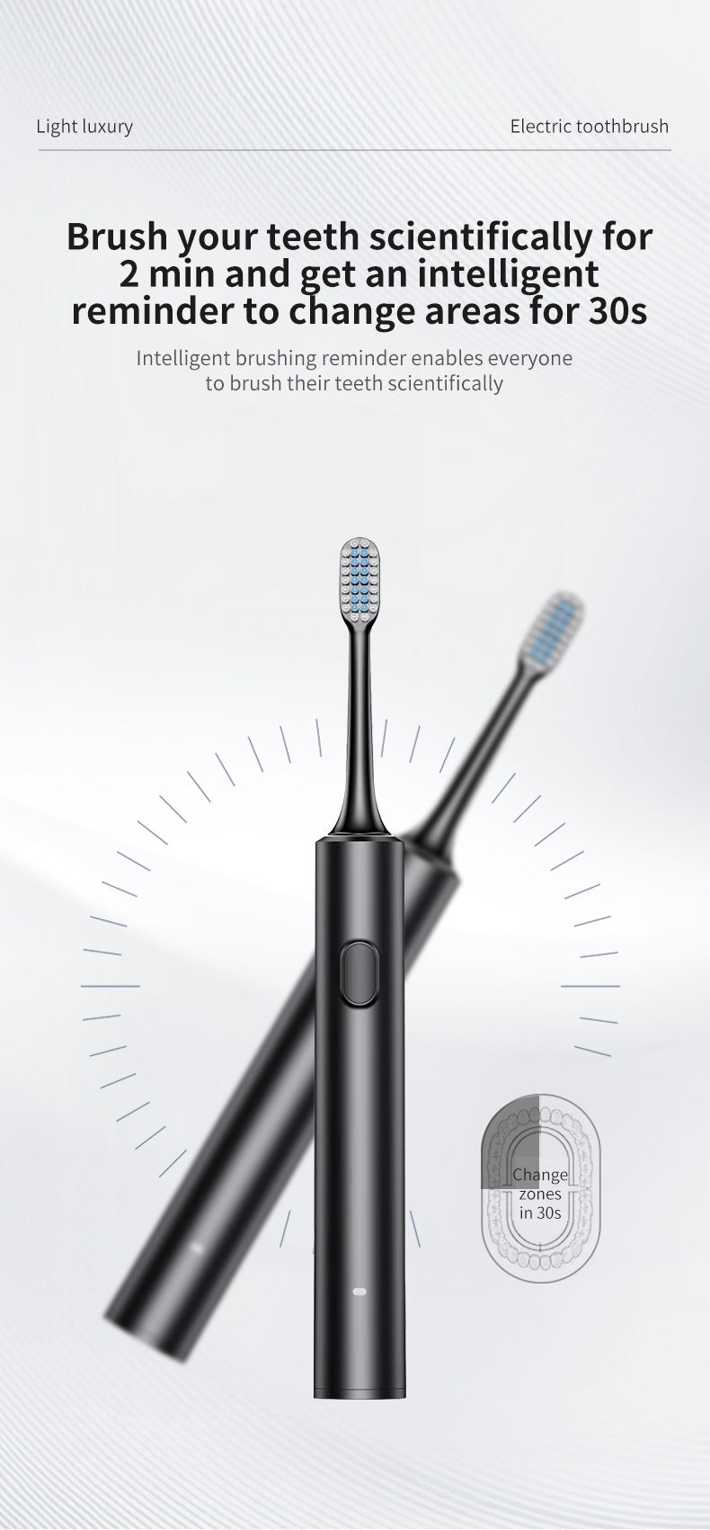 Black Sonic Electric Toothbrush Kit with 5 Cleaning Modes, 4 Heads & Travel Case - Smart Timer & Quad-Pacer, Soft Double-Arc Bristles and 120-Day Long Battery Life - Image 3