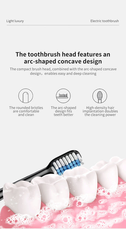 Black Sonic Electric Toothbrush Kit with 5 Cleaning Modes, 8 Heads & Travel Case - Smart Timer & Quad-Pacer, Soft Double-Arc Bristles and 120-Day Long Battery Life - Image 5